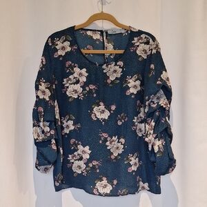Cure Floral Blue Long Pleated Sleeve Women's Top Size XL